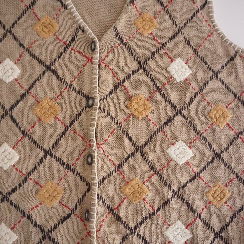 Vintage Cabin Creek Taupe Knit Cross Pattern Cotton Blend Button Sweater Vest 2X - Picture 6 of 10
